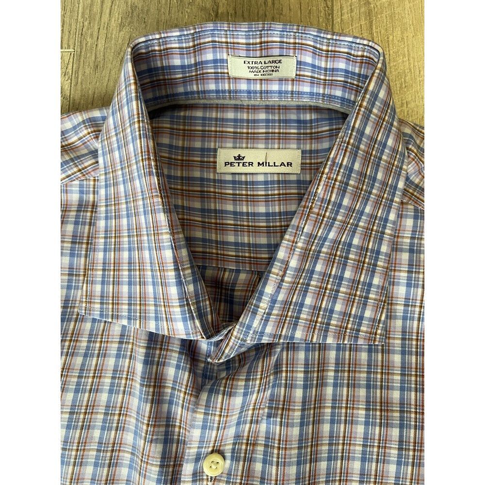 Peter Millar Long Sleeve Button Down Shirt Size XL Blue white Red Brown Plaid